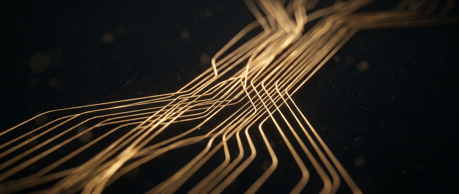 Gold signal threads converging through darkness